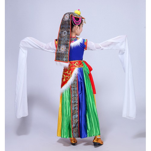 Girls chinese folk dance costumes kids Tibet Mongolian minority stage performance dance costumes dresses robes